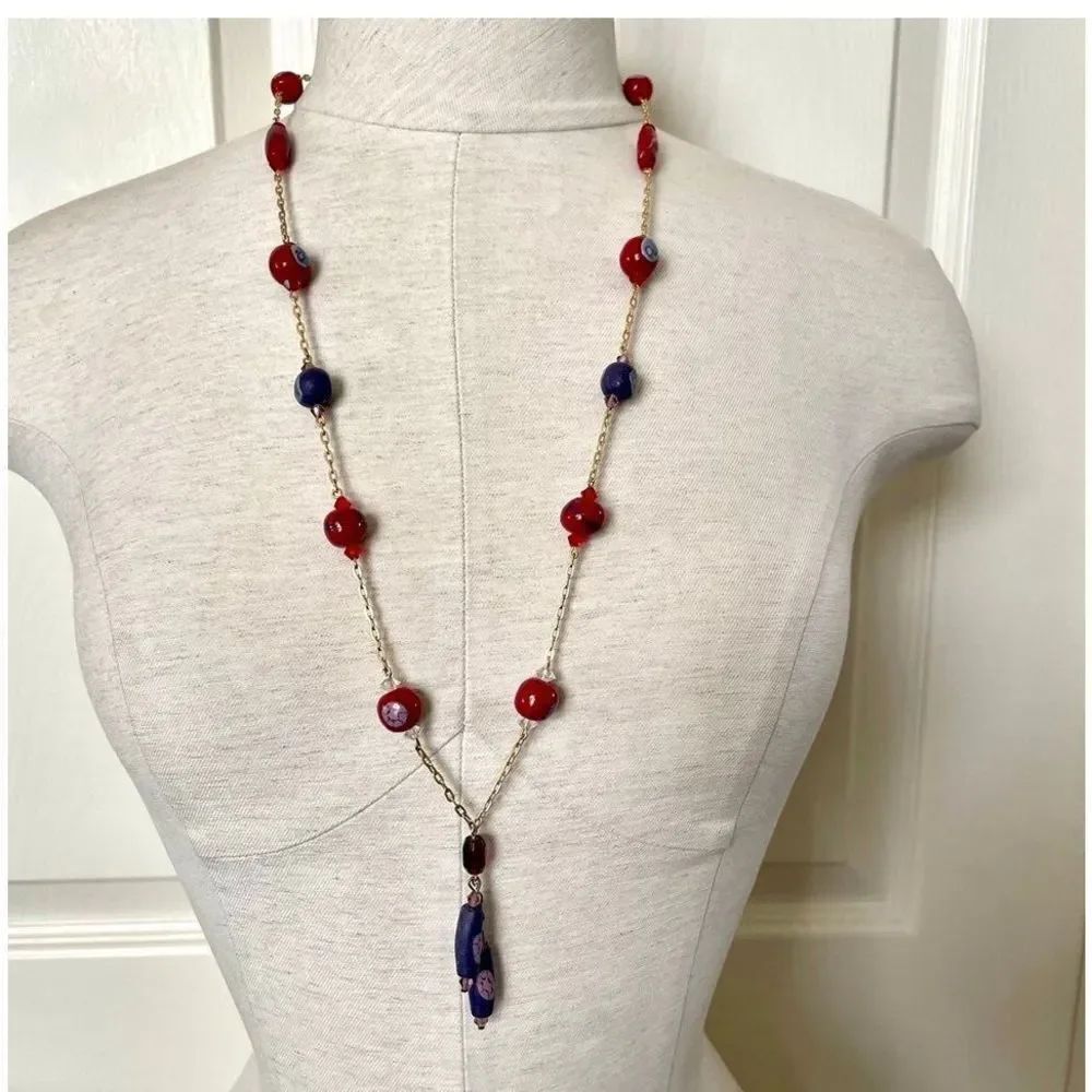 Gold tone beaded crystal long necklace
